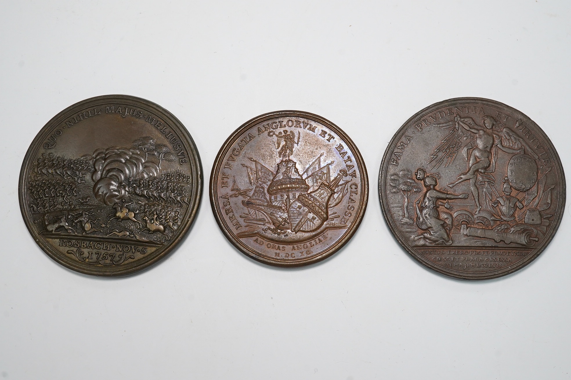 European Historical medals, Louis XIV, naval action off Beachy Head [Bévéziers], French copper medal, 1690, by J. Mauger, 41mm (MI 708/120; Divo 229; MH. 108), about EF, and two Frederick the Great medals - Battle of Pra